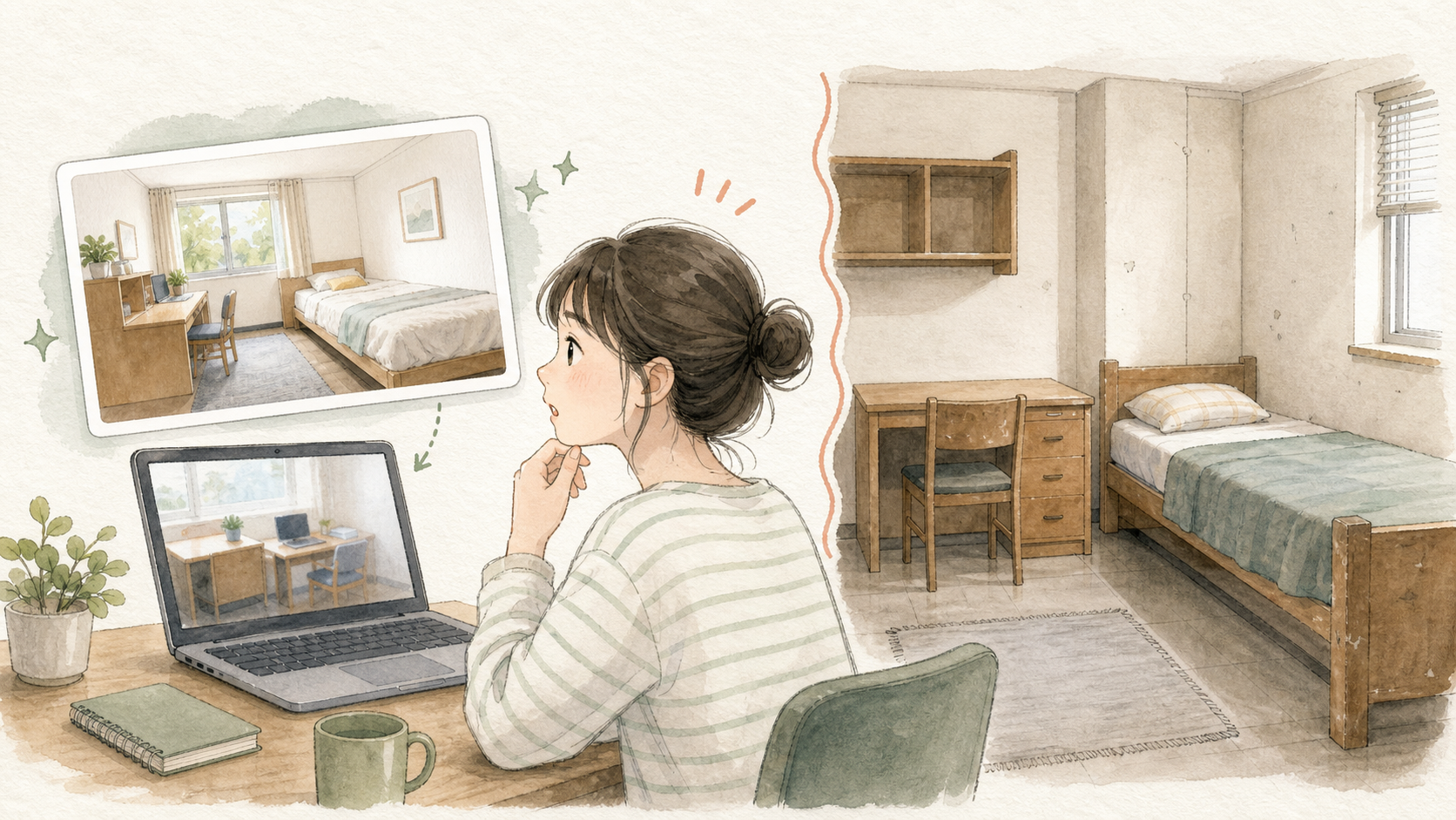 ホームページのきれいな寮写真と実際のシンプルな部屋を、留学生が見比べているイラスト