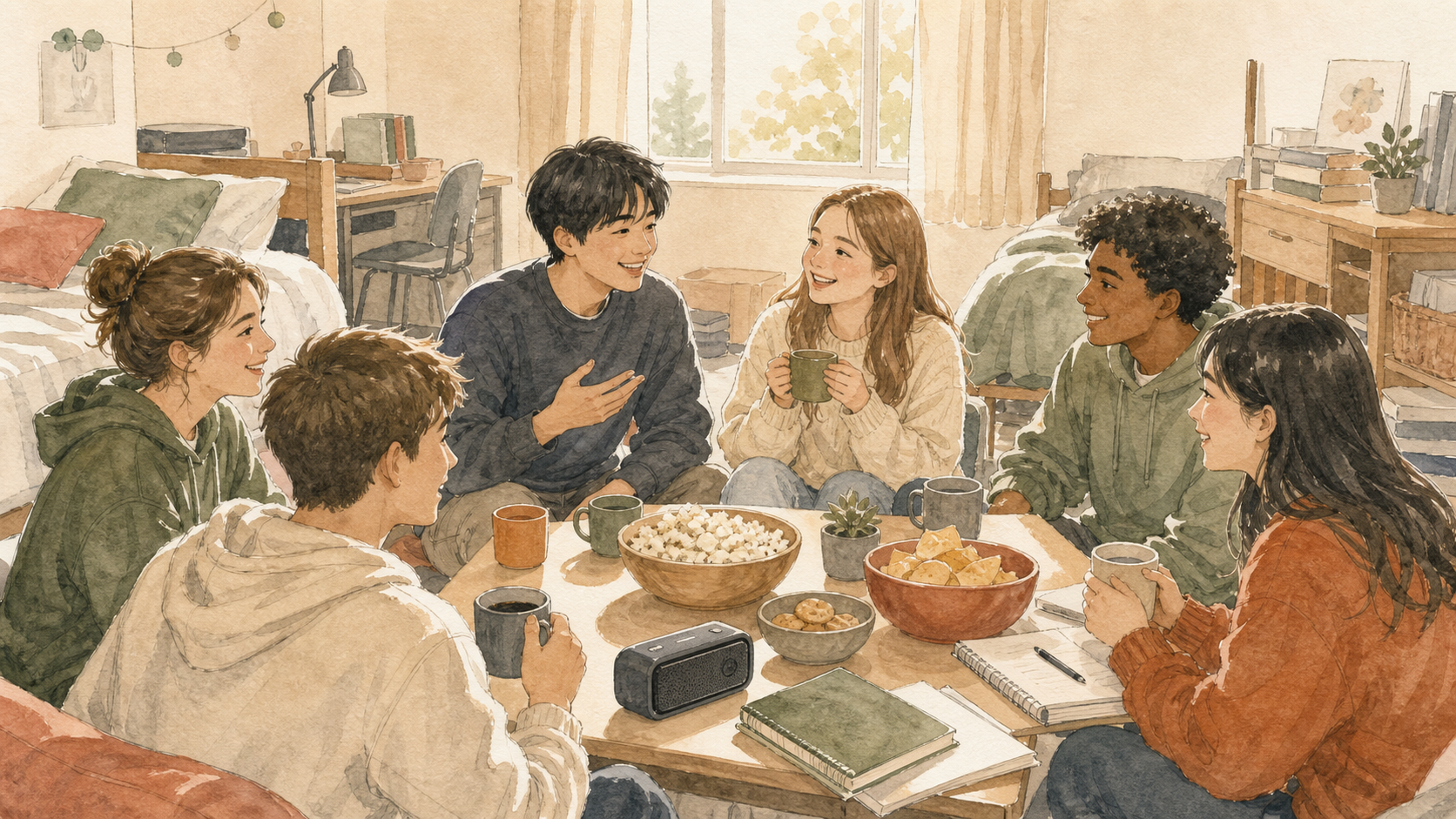 学生寮の部屋で多国籍の友達がテーブルを囲み、軽食やマグカップを置いて楽しく話しているイラスト