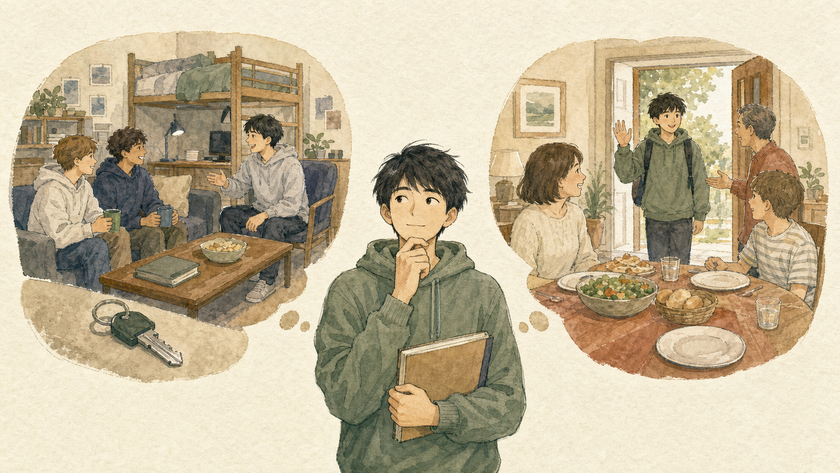 男子留学生が学生寮とホームステイの生活場面を見比べ、自分に合う滞在先を考えているイラスト