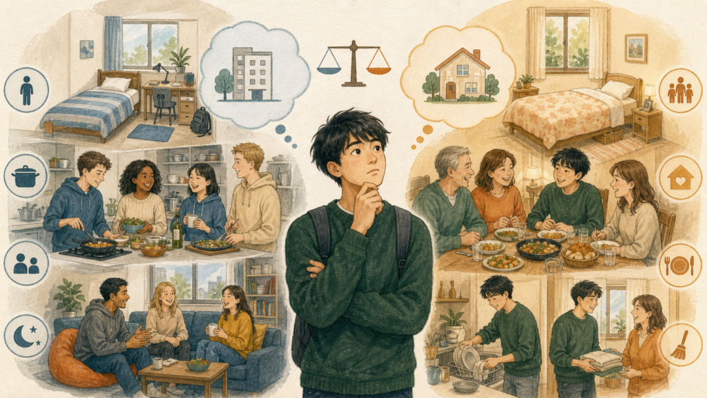 大学生が学生寮の友人交流、自炊、自由さ、一人部屋と、ホームステイの食事、家庭生活、会話、生活ルールを比較しているイラスト