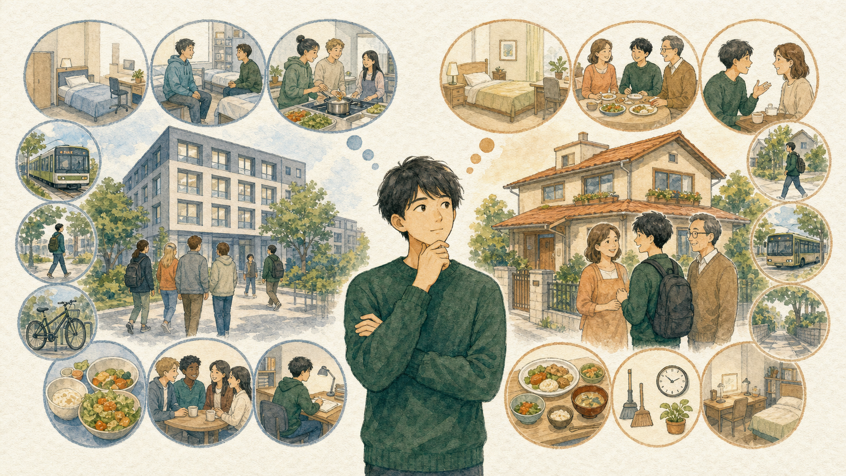 大学生が学生寮の個室や相部屋、共同キッチン、友人関係、通学と、ホームステイの食事、家庭のルール、会話、通学、個室を比較しているイラスト