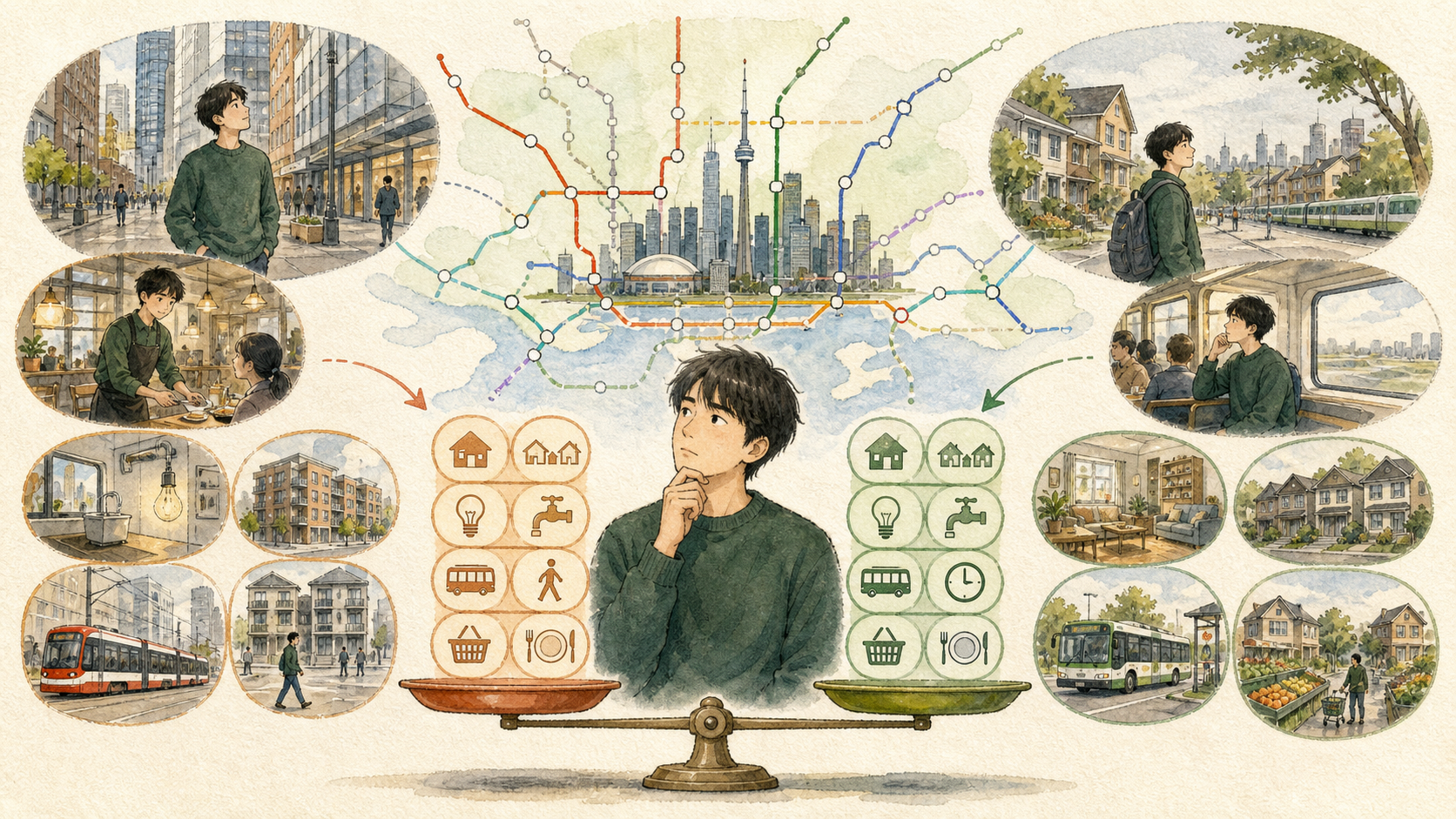 若い男性がトロント中心部と地下鉄で通える周辺地域について、家賃、光熱費、交通費、通勤時間、買い物環境を比較しているイラスト