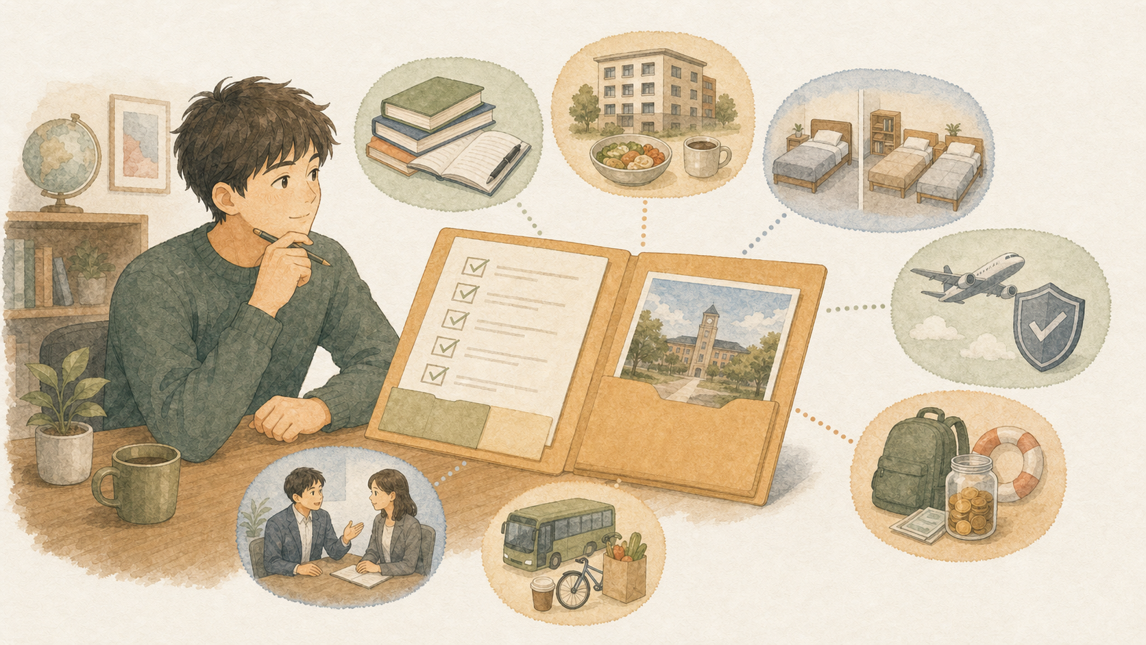 若い男性が授業料、滞在、部屋、航空券、保険、ビザ、生活費、予備費などの見積もり項目を確認しているイラスト