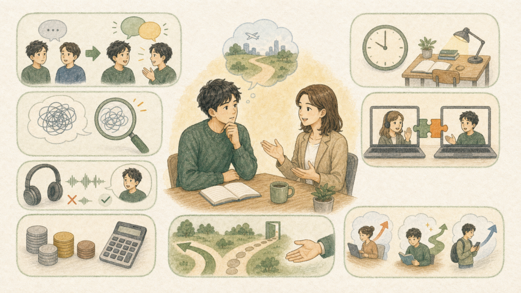 英語の会話が続かない男性が、弱点分析、練習方法、添削範囲、学習時間、併用、総額、途中対応、類似事例をコーチに確認するイラスト
