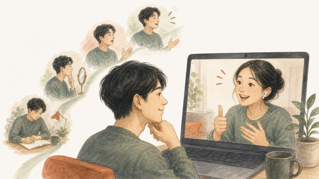 毎日の学習と言い直しを重ねた男性が、ビデオ通話で英語力の成長を褒められるイラスト