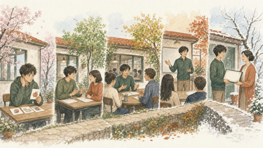 語学学校で基礎的な絵カードから会話、発表へ進み、最後に卒業証書を受け取る留学生の成長イラスト