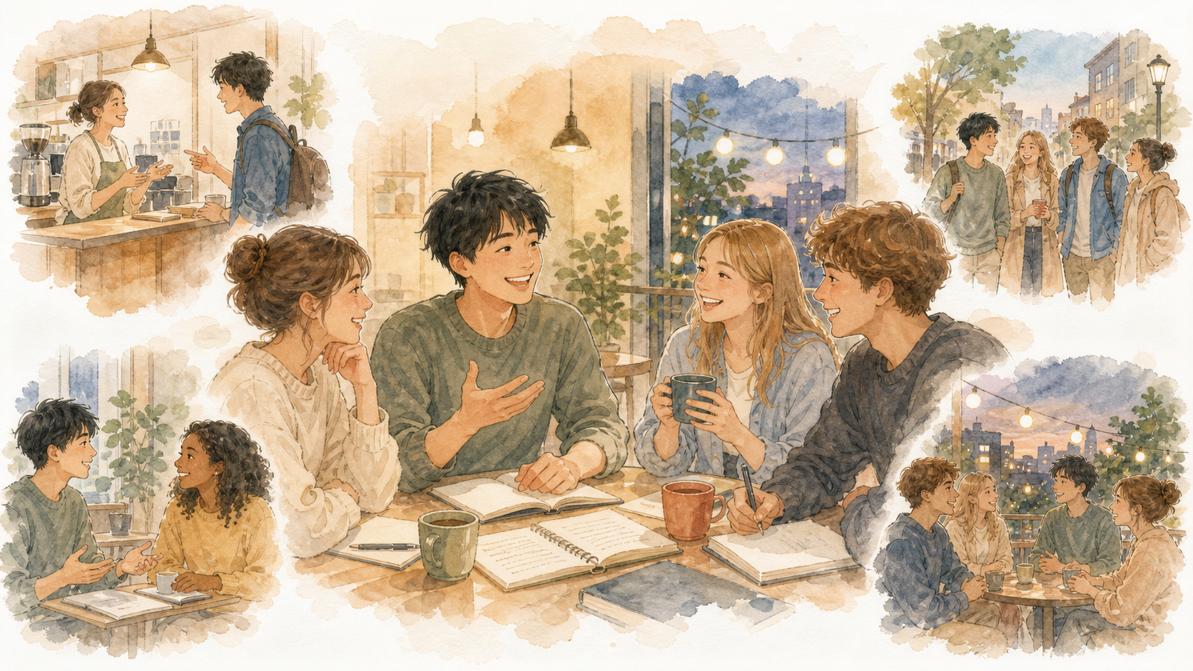 男子留学生が友達との会話や街での交流を楽しみながら、英語を使う時間を増やしているイラスト