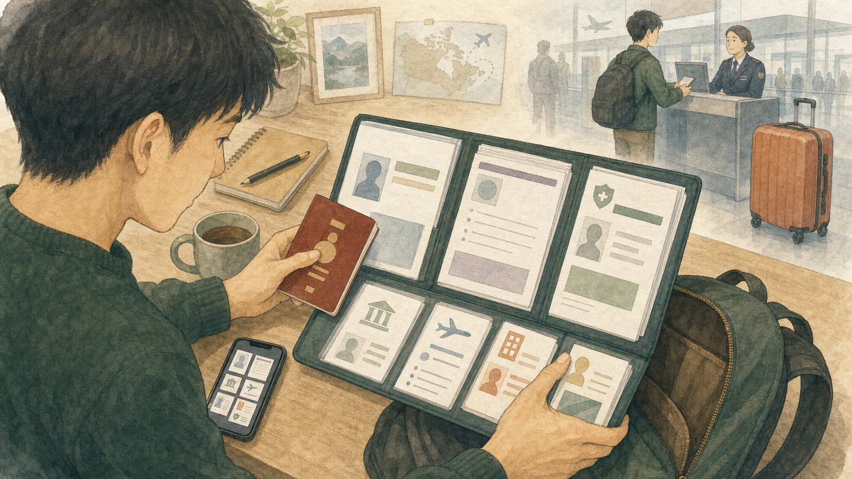 若い男性がパスポート、承認書、保険証明、残高証明、航空券、ホテル予約などをファイルにまとめて手荷物へ入れているイラスト