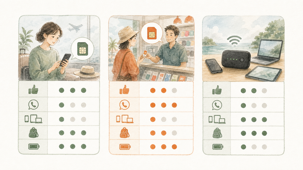 海外eSIM、現地SIM、ポケットWiFiの準備方法や電話番号、接続端末数などを比べたイラスト