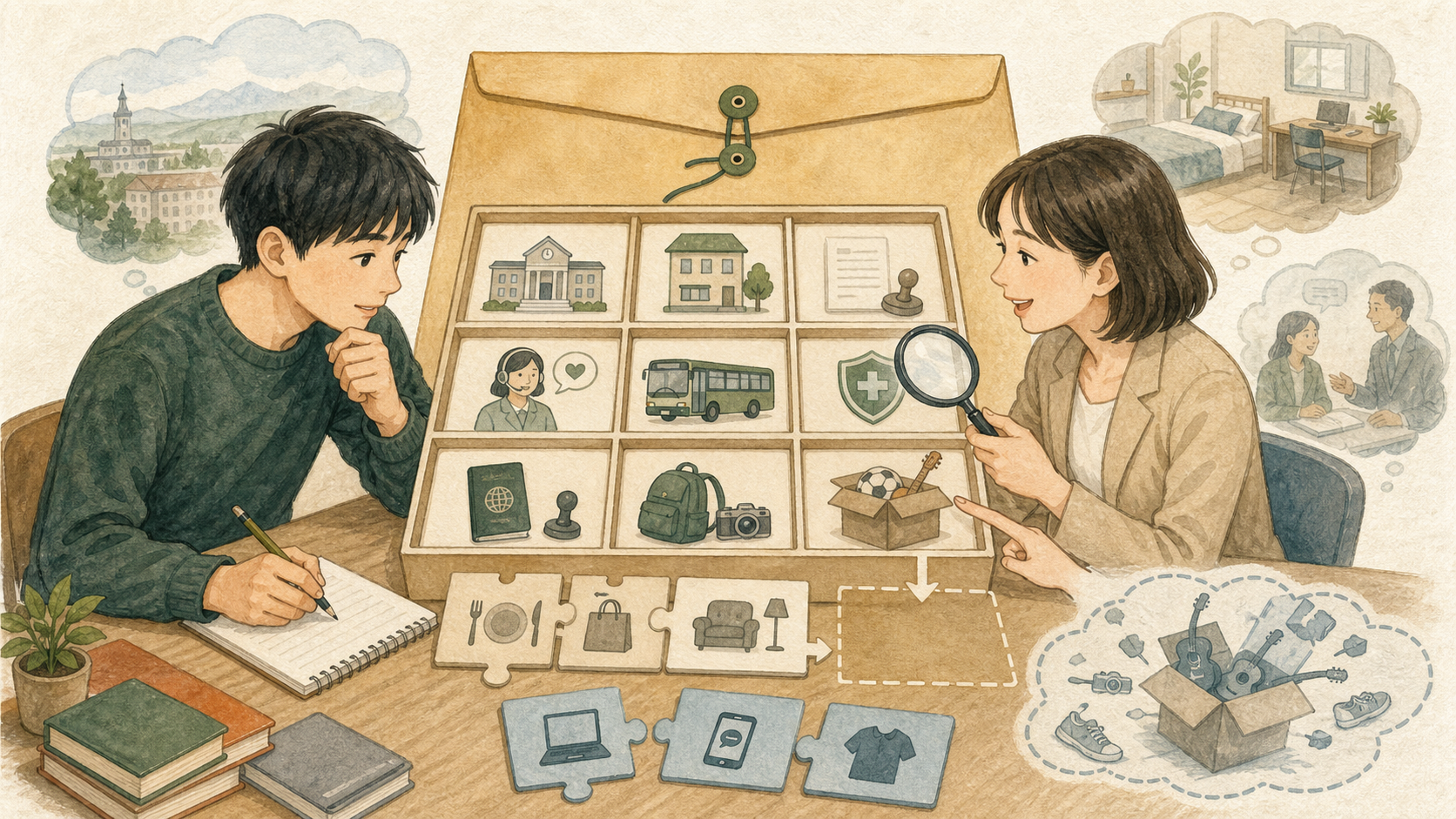 大学生が担当者と留学見積もりを項目別に分け、授業料、滞在費、申込金、サポート費、送迎、保険、ビザ、追加費用、含まれない費用を確認しているイラスト