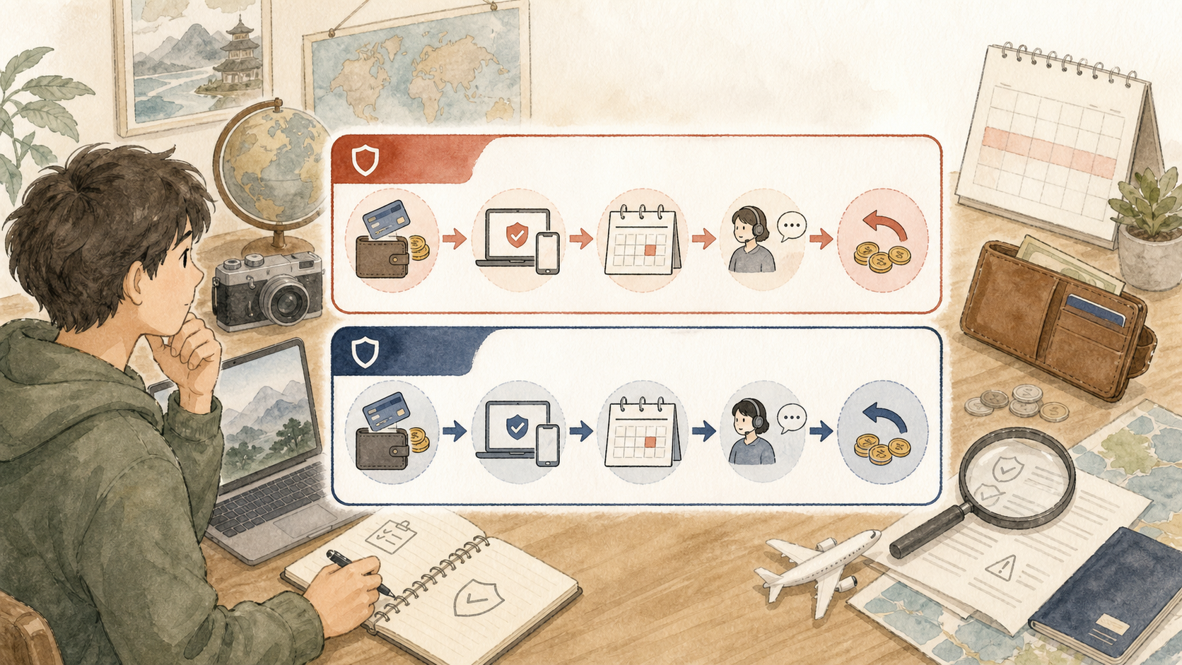 2つのVPNについて、有料契約後に接続を試し、期間内に条件を確認して返金申請する流れを比較しているイラスト