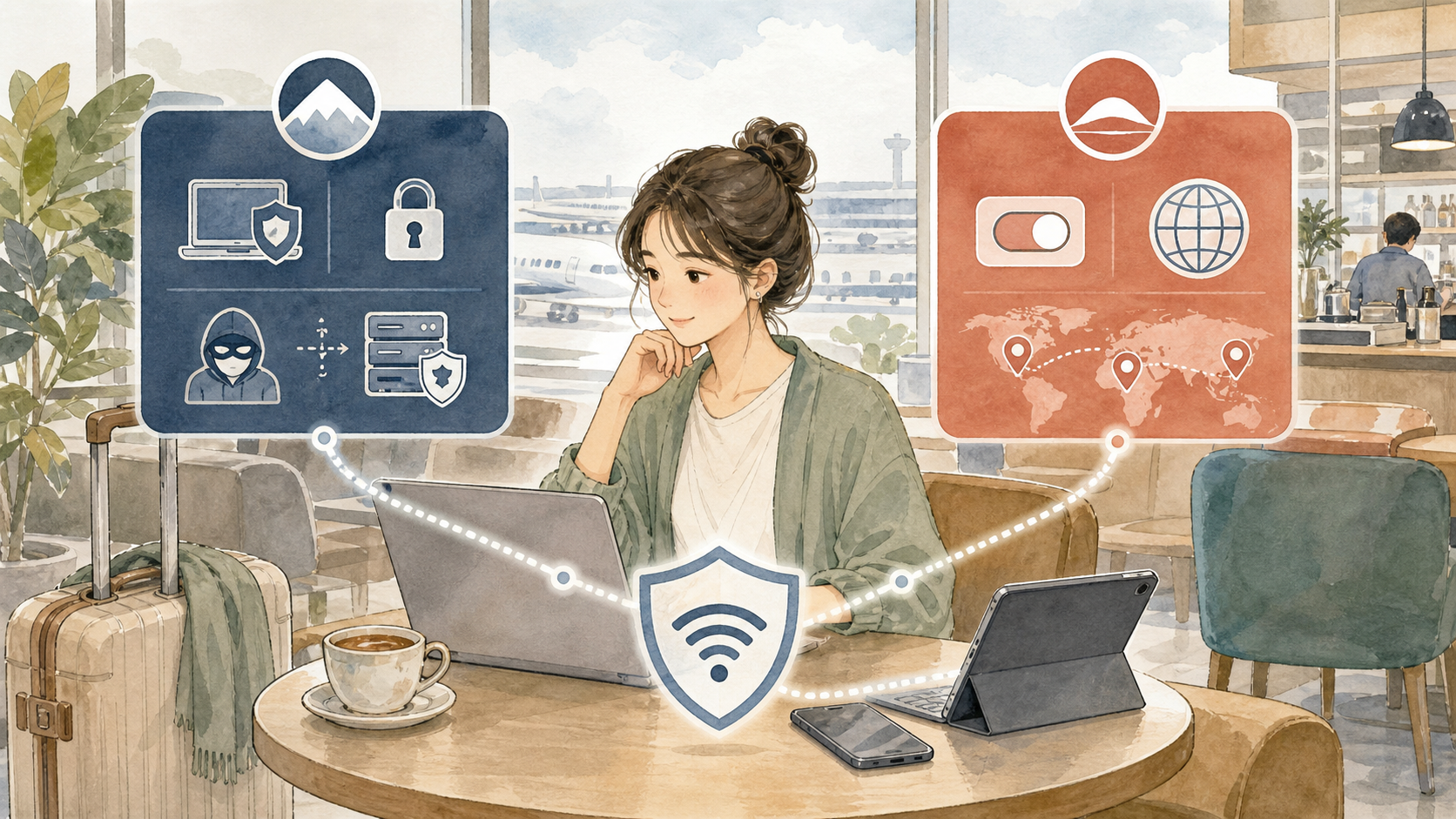 空港カフェでノートパソコンやスマホを使う旅行者が、公共Wi-Fi保護や接続の分かりやすさで2つのVPNを比較しているイラスト