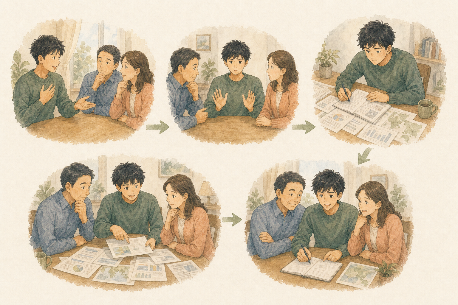 大学生が留学への興味を伝え、複数の留学プランと見積もりを集め、両親と一緒に現実的な選択肢を検討する流れのイラスト