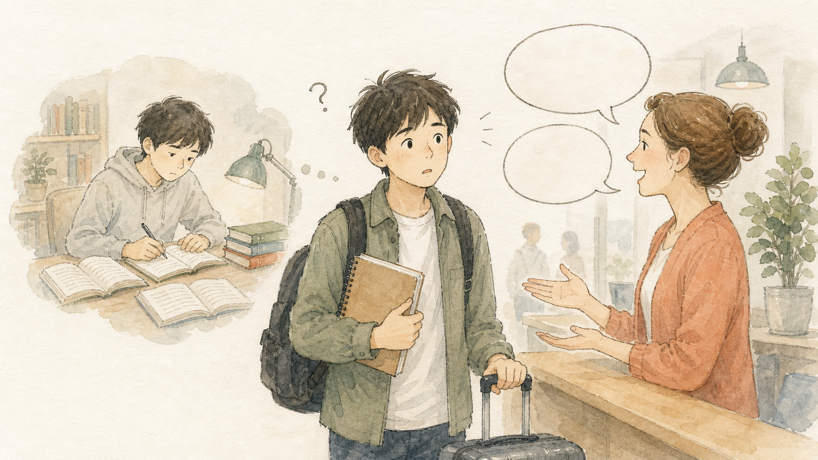 日本で英語を勉強してきた男子留学生が、到着初日に相手の英語を聞き取れず戸惑っているイラスト