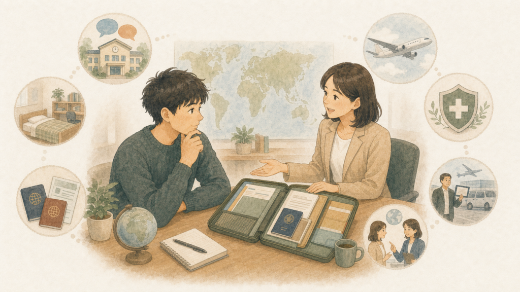 初めて海外留学する若い男性が、留学エージェントに学校や寮、航空券、海外保険などの手配を相談しているイラスト