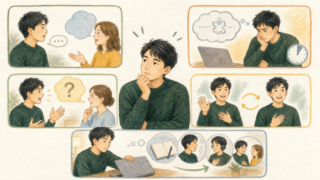 質問に答えるだけ、正しい英文へのこだわり、質問準備不足、同じ表現の繰り返し、レッスン後の振り返り不足という5つの原因を示したイラスト