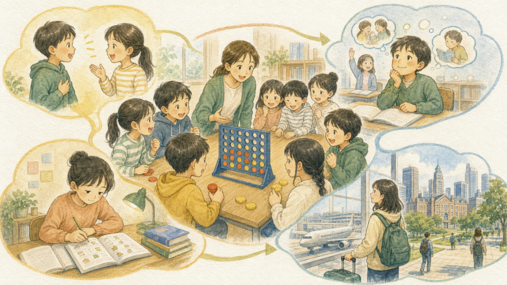 子どもたちが英語でコネクトフォーを楽しみ、伝える意識、学校英語の自信、教材の基礎、将来の留学への意欲を育てているイラスト