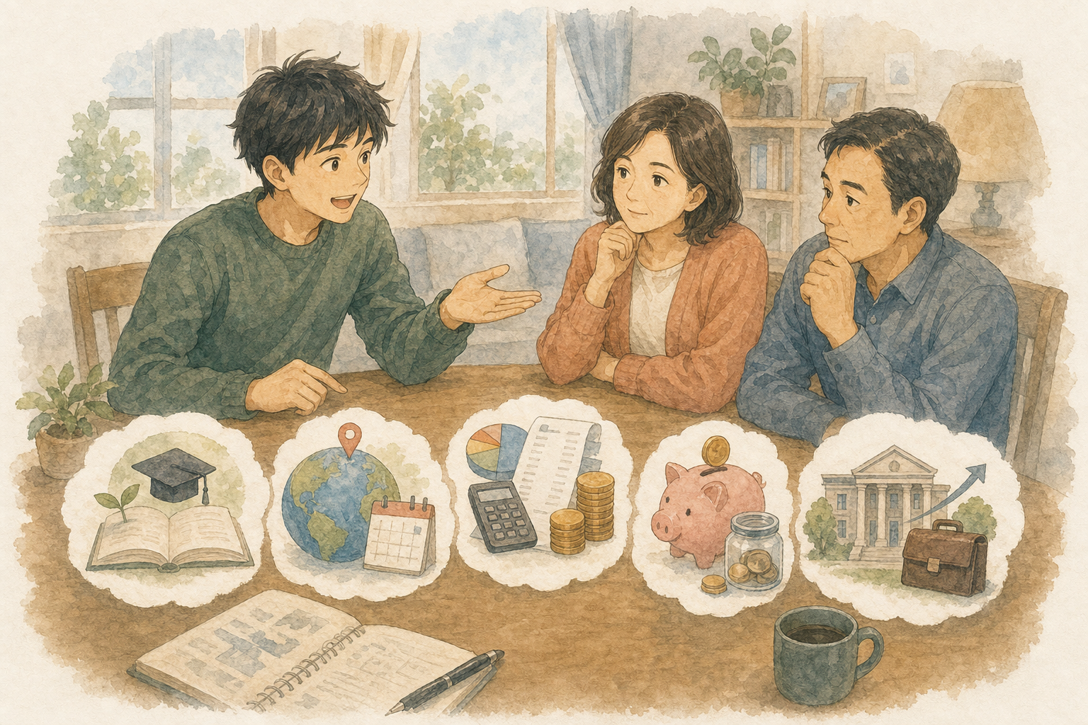 大学生が留学の目的、行き先と期間、費用内訳、自分の貯金、大学と帰国後の進路という5項目を両親へ説明するイラスト