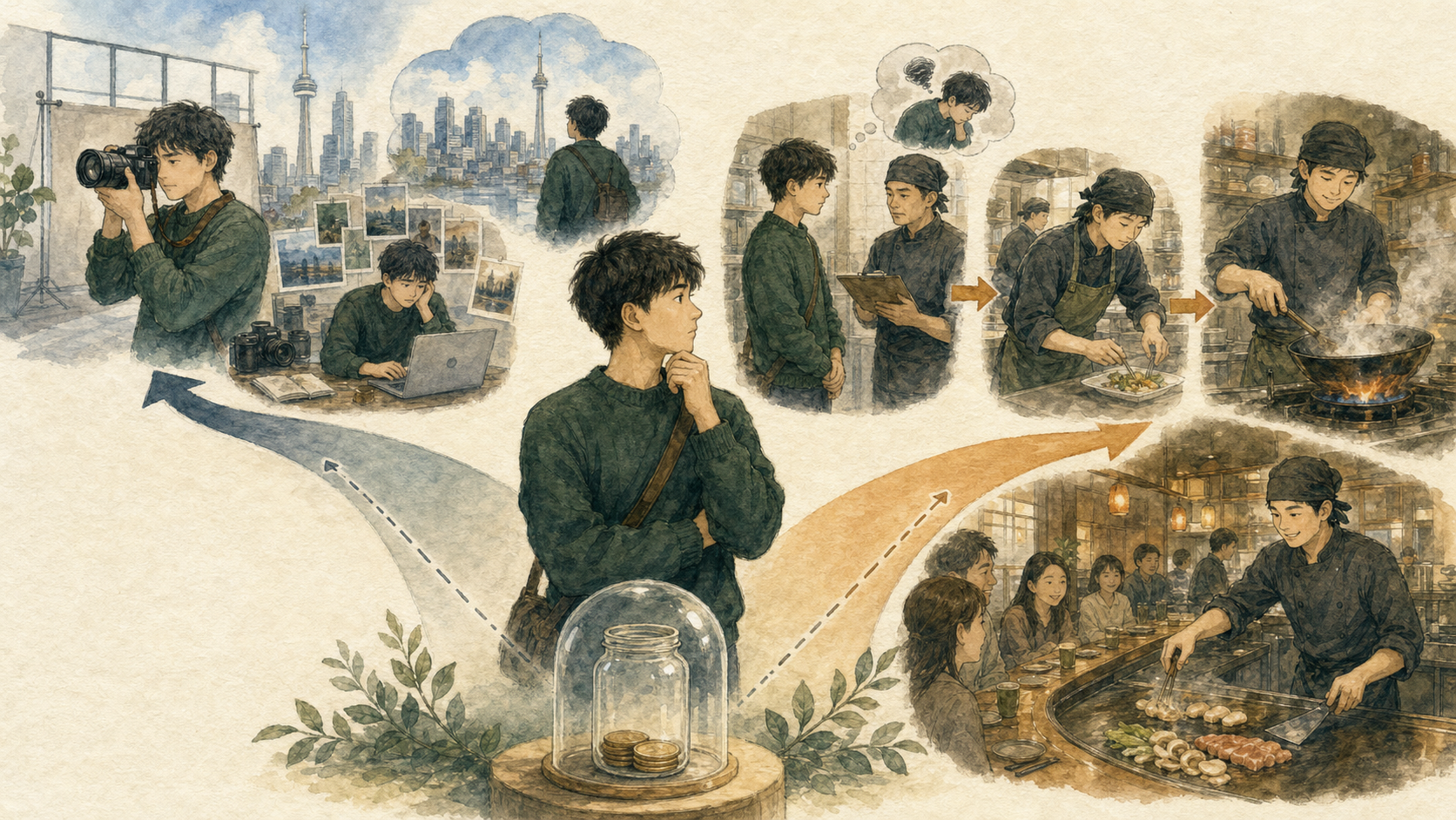フォトグラファーを目指す若い男性が、貯金の減少を考えながら飲食店の仕事にも挑戦し、希望職種との両立を考えているイラスト
