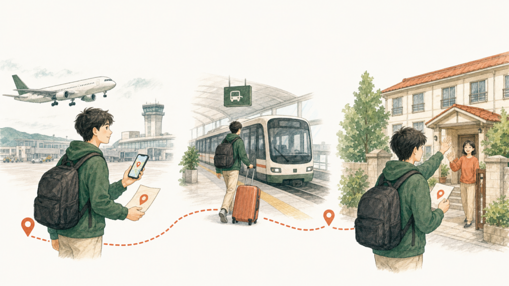 飛行機で到着後、空港から電車に乗り、地図を見ながら滞在先へ向かう留学生のイラスト