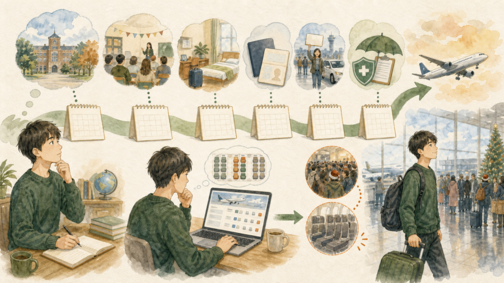 若い男性が学校開始日、寮の入居日、ビザ、空港送迎、海外保険の日程を確認してから航空券を比較し、出発へ進む流れを描いたイラスト