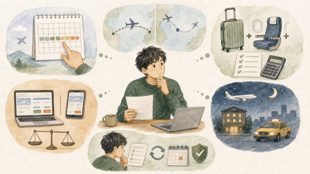 若い男性が出発日、直行便と乗り継ぎ便、荷物と座席、予約先、到着時間、変更条件を比較して航空券の総額を確認しているイラスト