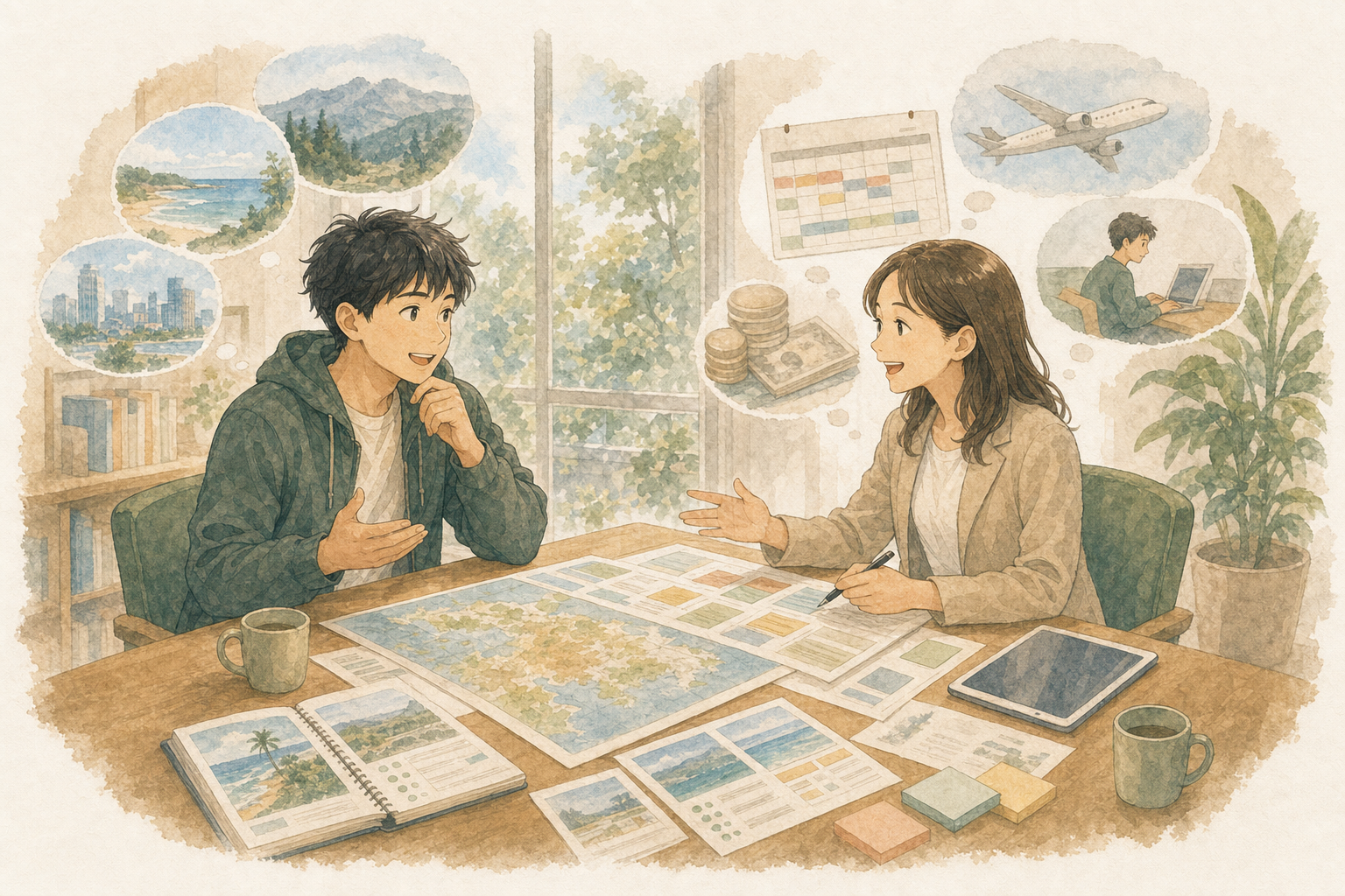 日本人男性が留学カウンセラーの無料相談で、希望する国、予算、準備時期、自力でできる範囲を気軽に確認しているイラスト