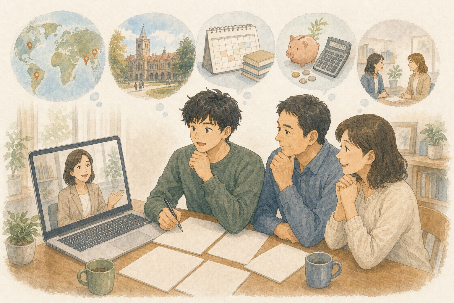 大学生と両親がオンラインの留学相談員と、希望国、期間、予算、大学の予定、必要なサポートを整理するイラスト