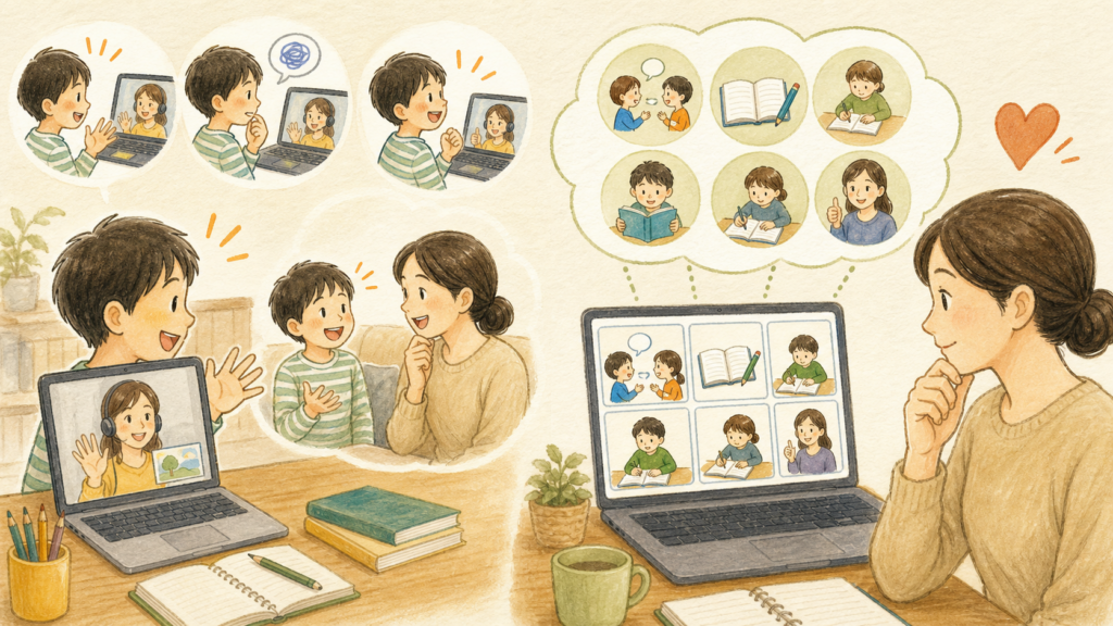 オンライン英会話の無料体験で、親が子どもの笑顔や自発的な会話と、授業内容が家庭の目標に合うかを確認しているイラスト