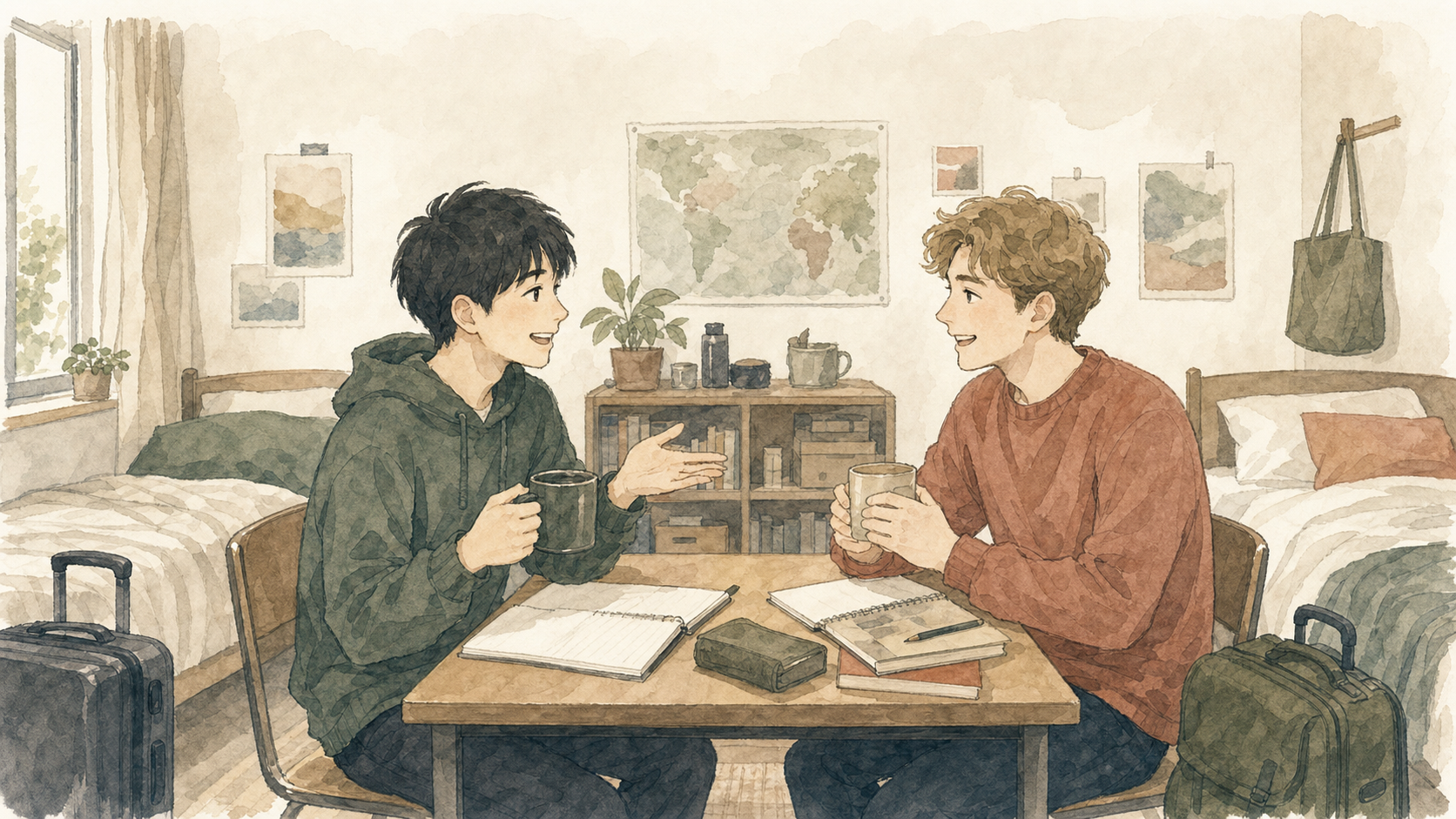 男子留学生が相部屋で海外のルームメイトと机を囲み、マグカップを持って会話しているイラスト