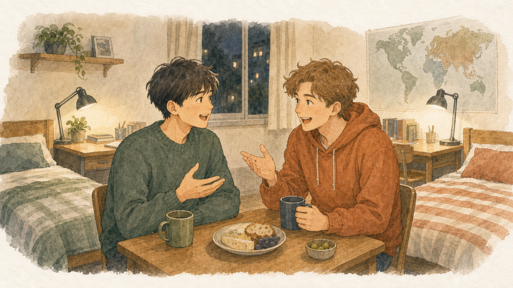 若い日本人男性がフランス人ルームメイトと二人部屋で食事を囲み、英語で会話しているイラスト