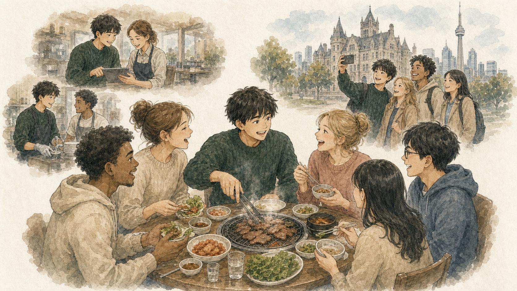 若い男性がカナダの職場で出会った多国籍の友達と韓国料理を囲み、トロントの歴史的建物を一緒に観光しているイラスト