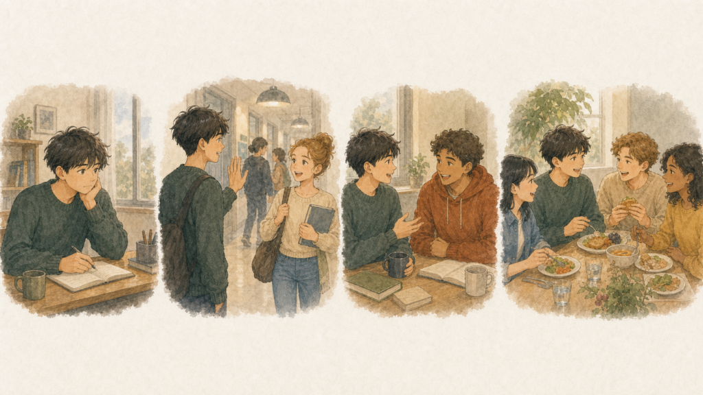 初めは一人だった若い男性が、挨拶や短い会話を重ね、最後には留学生の友達と食事をするようになるイラスト