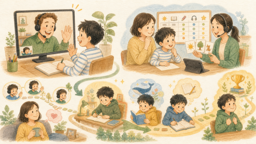 子どもが外国人講師との短い英会話を楽しみ、日本人コーチと学習計画を確認しながら毎日の習慣や英検学習へつなげているイラスト