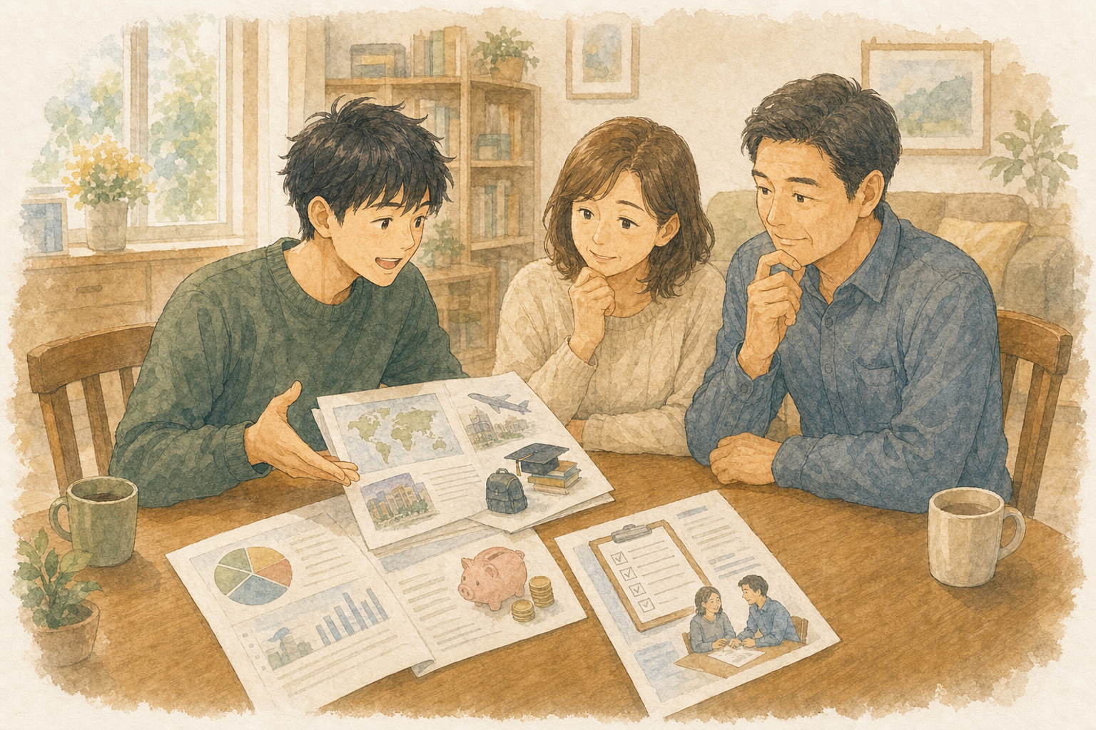 大学生が留学の目的、期間、費用、貯金、大学と帰国後の計画を資料にまとめ、両親へ一緒に考えてほしいと相談するイラスト
