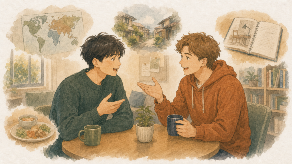 若い男性が留学生の出身地や仕事、留学理由について関心を持って質問し、お互いの話を聞いているイラスト
