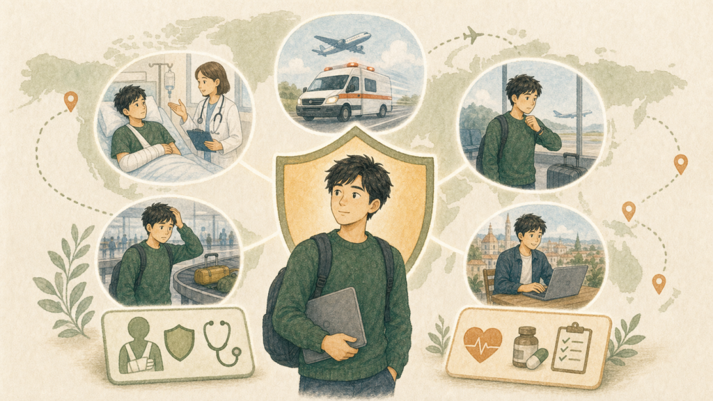 海外で生活しながら働く日本人が、病気やケガ、緊急搬送、荷物、旅行トラブルに備える保険の仕組みを確認するイラスト