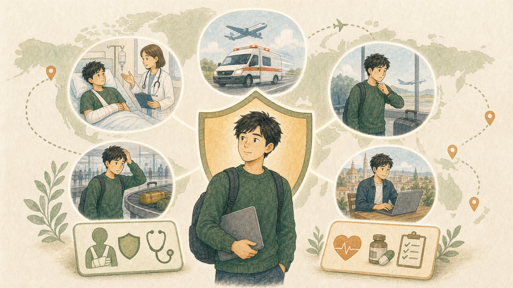 海外で生活しながら働く日本人が、病気やケガ、緊急搬送、荷物、旅行トラブルに備える保険の仕組みを確認するイラスト