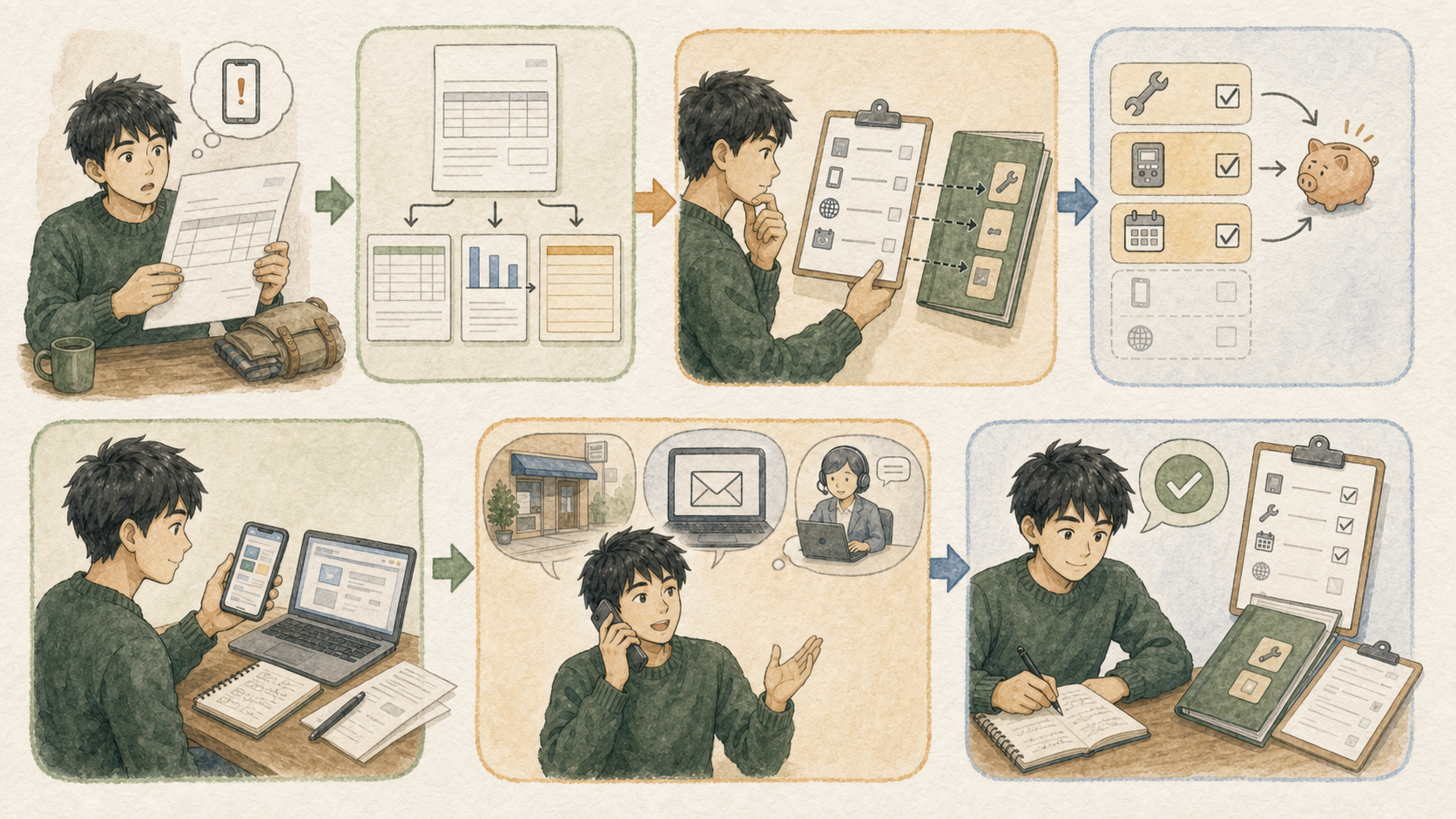 若い男性が請求書の内訳を分け、契約内容と比較し、初回費用や追加料金を確認して、記録を用意して問い合わせる流れのイラスト
