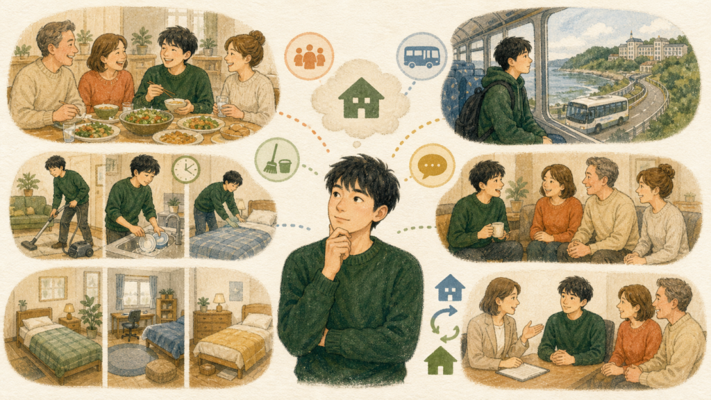 大学生がホームステイの食事、学校までの通学時間、生活ルール、ホストとの交流、部屋、途中変更の条件が家庭ごとに異なることを確認しているイラスト