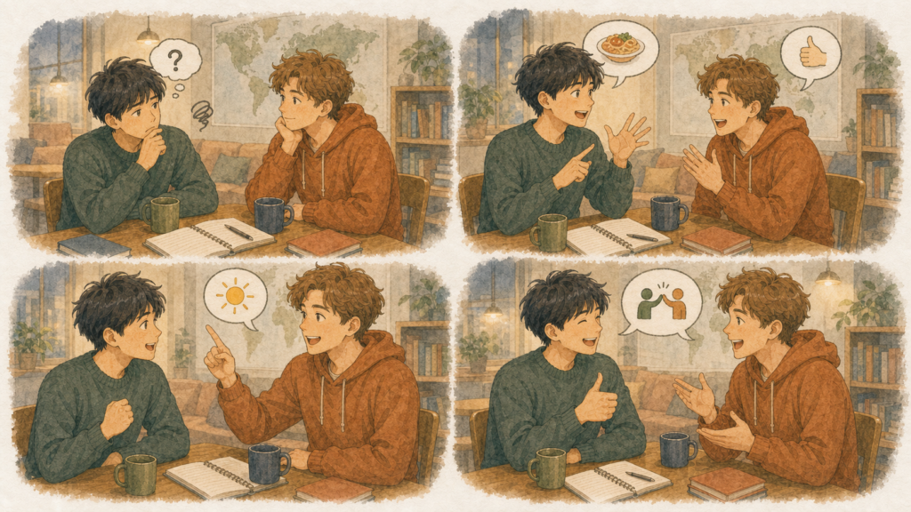 若い男性が言葉に詰まりながらも、知っている単語や身振り、表情を使って留学生と会話しているイラスト