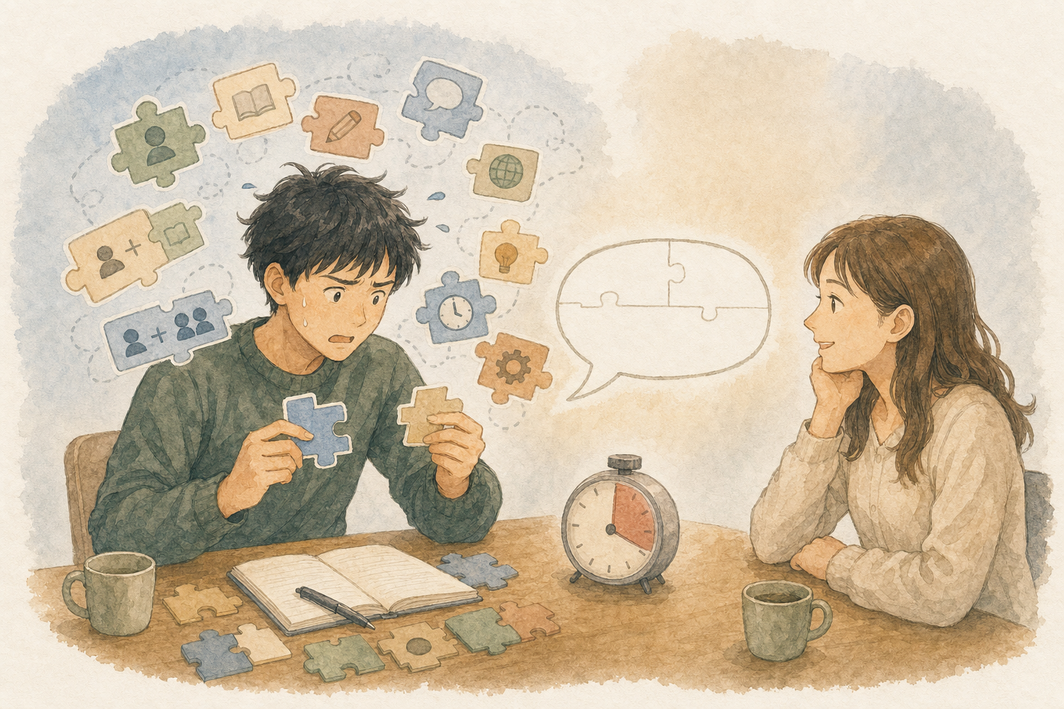 英単語と文法の知識は頭にあるものの、会話の短い時間内に英文を組み立てて口に出せない日本人男性のイラスト