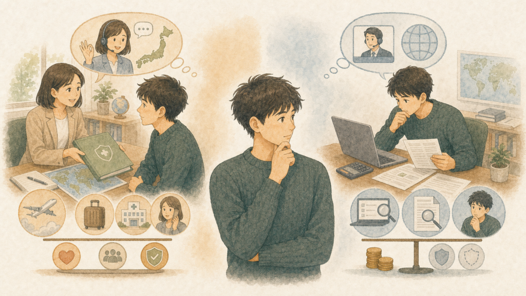 若い男性が日本語サポートのあるエージェント保険と、自分で確認して契約するオンライン海外保険の違いを比較しているイラスト