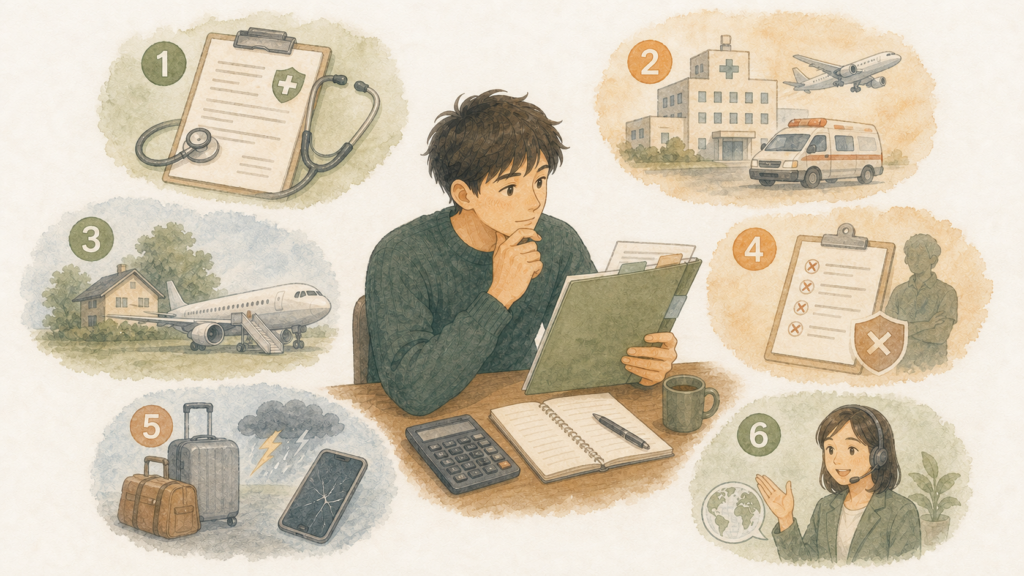 若い男性が医療費、入院と搬送、本国送還、対象外条件、携行品や航空機、日本語サポートの6項目を確認しているイラスト