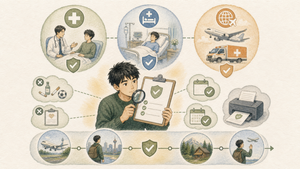 若い男性がワーホリ保険について、医療、入院、本国への移送、滞在期間全体の補償、対象外条件、保険証書を確認しているイラスト