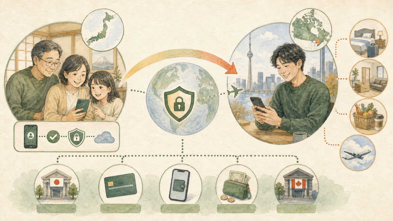 日本の家族からトロントにいる若い男性へ安全に送金し、銀行口座、カード、送金サービス、現金、現地口座を使い分けているイラスト