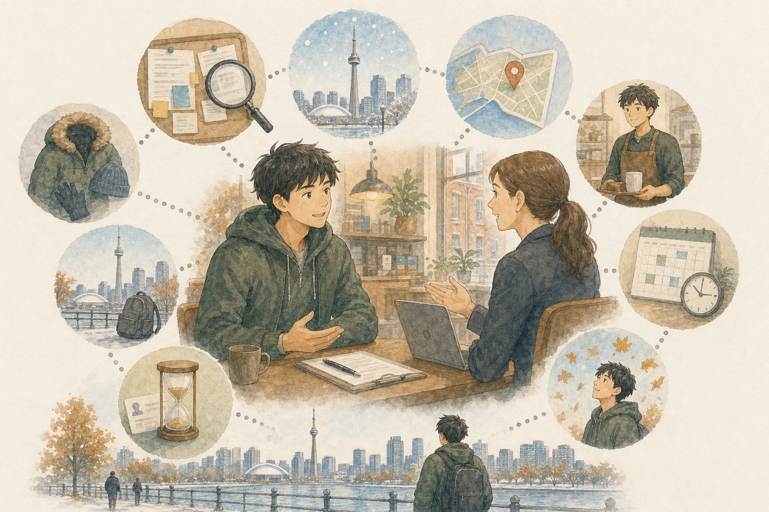 日本人男性が求人の数、季節、地域、職歴、勤務日時、ビザ期間、応募タイミングを考えながらマネージャーと話すイラスト