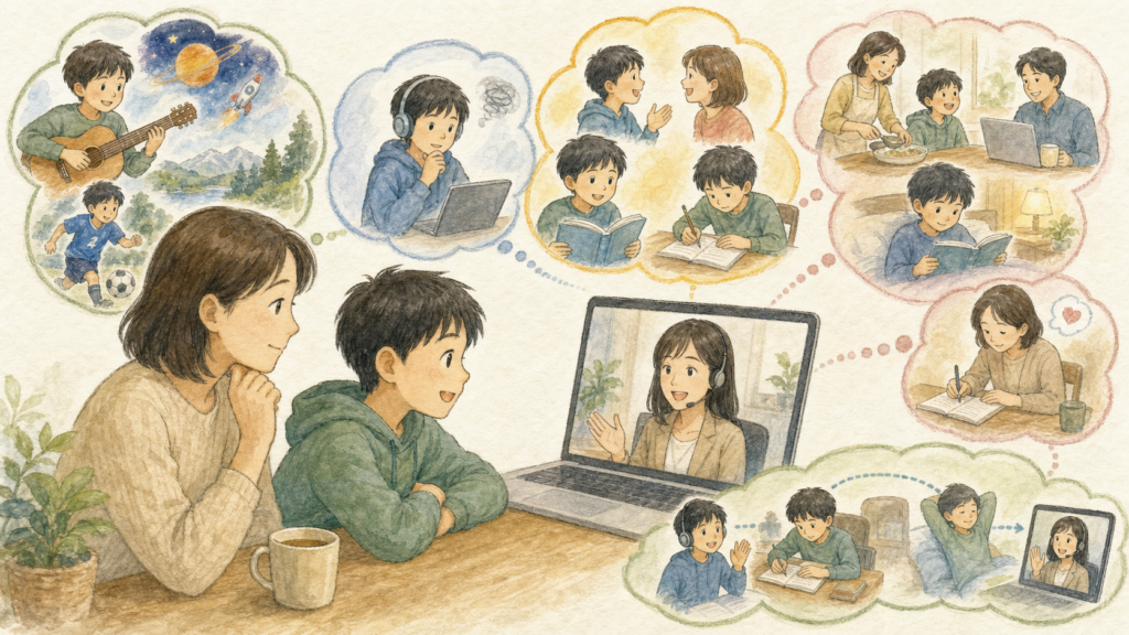親子がオンラインの日本人コーチに子どもの性格、英語力、目的、生活リズム、保護者の負担を相談し、無理のない学習計画を考えているイラスト