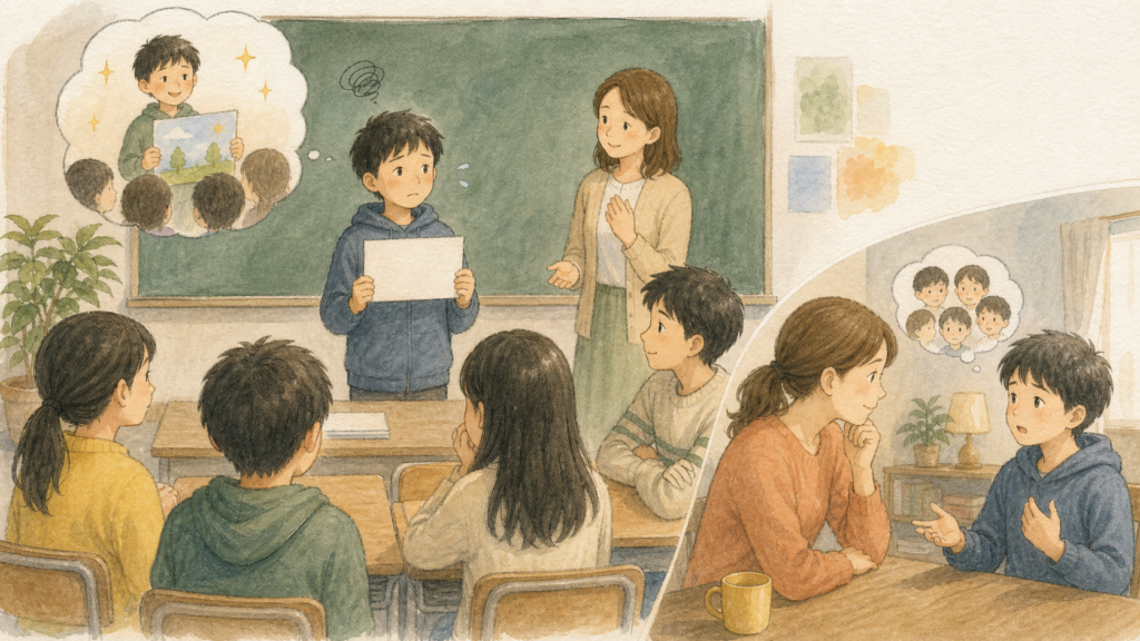 英語が得意な生徒と比べられることを気にして、教室での英語発表に緊張する子どもと、授業後に気持ちを聞く保護者のイラスト
