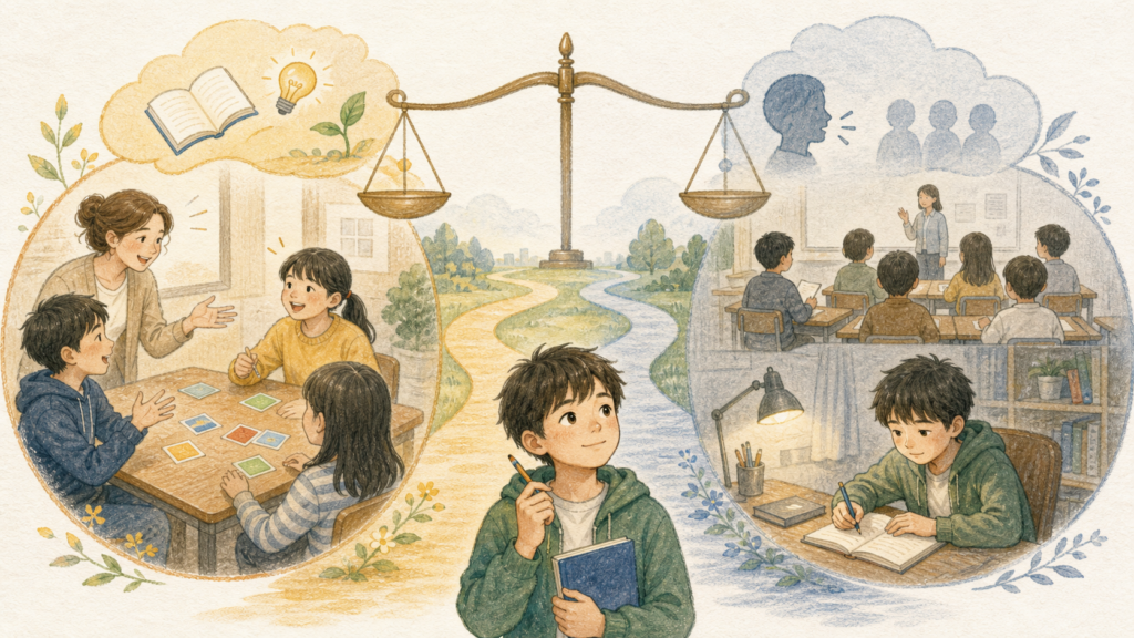子ども英語教室で会話やゲームを楽しみ基礎と自信を得る一方、通うだけでは会話力が伸びきらないことを表したイラスト